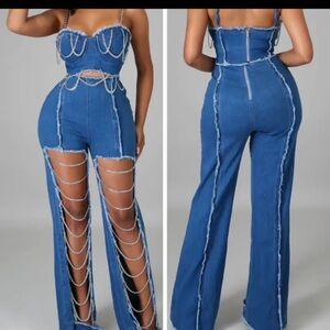 Blue Denim Chain Detail Jumpsuit